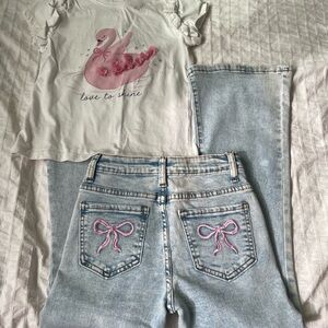 Bundle White Swan Ruffle T-Shirt and Light Blue flared Jeans Set kids size 7-8